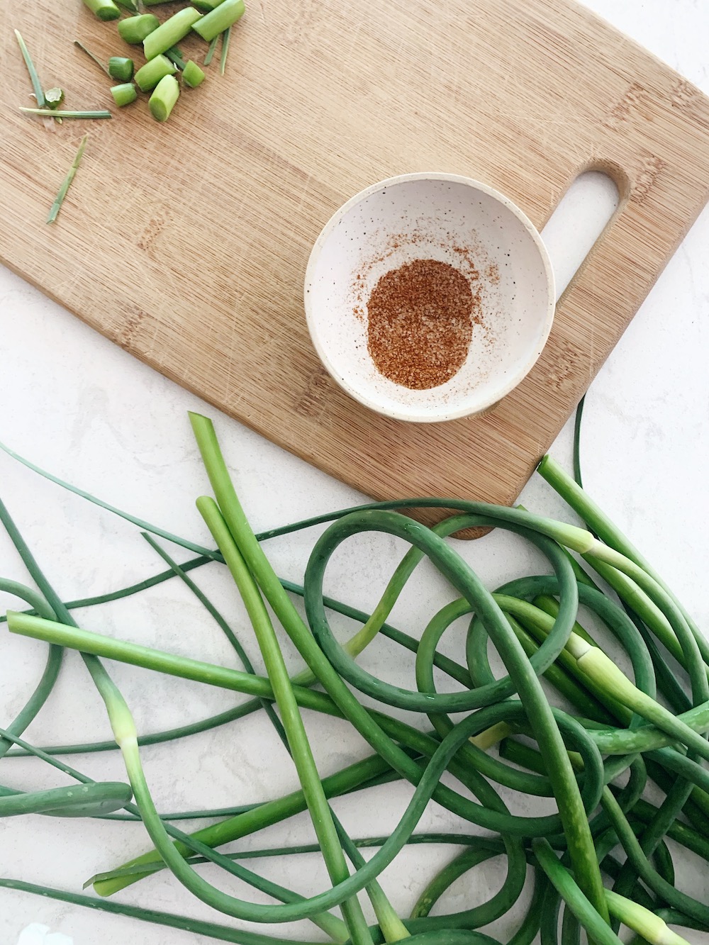 garlic scapes with smoked lime salt seasoning