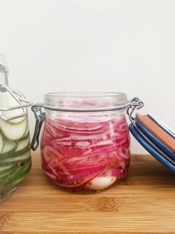 Pickled red onions and cucumbers