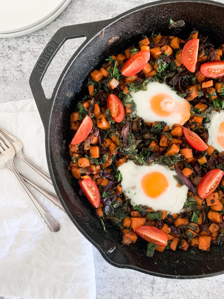 a pan of healthy breakfast hash with forks