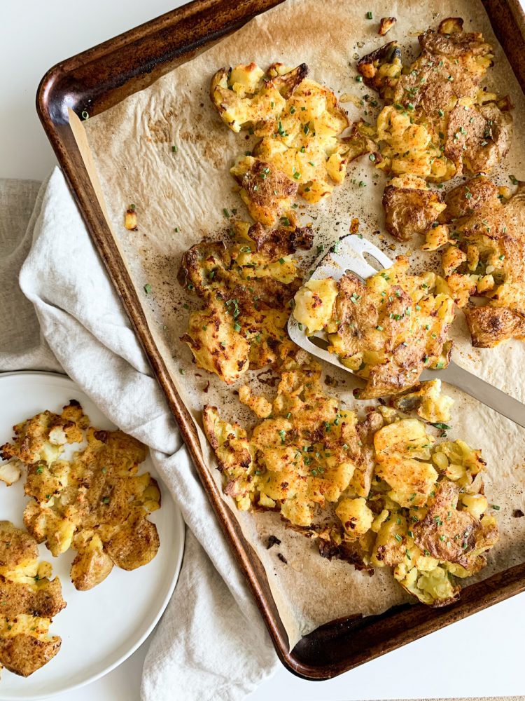 serving and plating crispy smashed potatoes