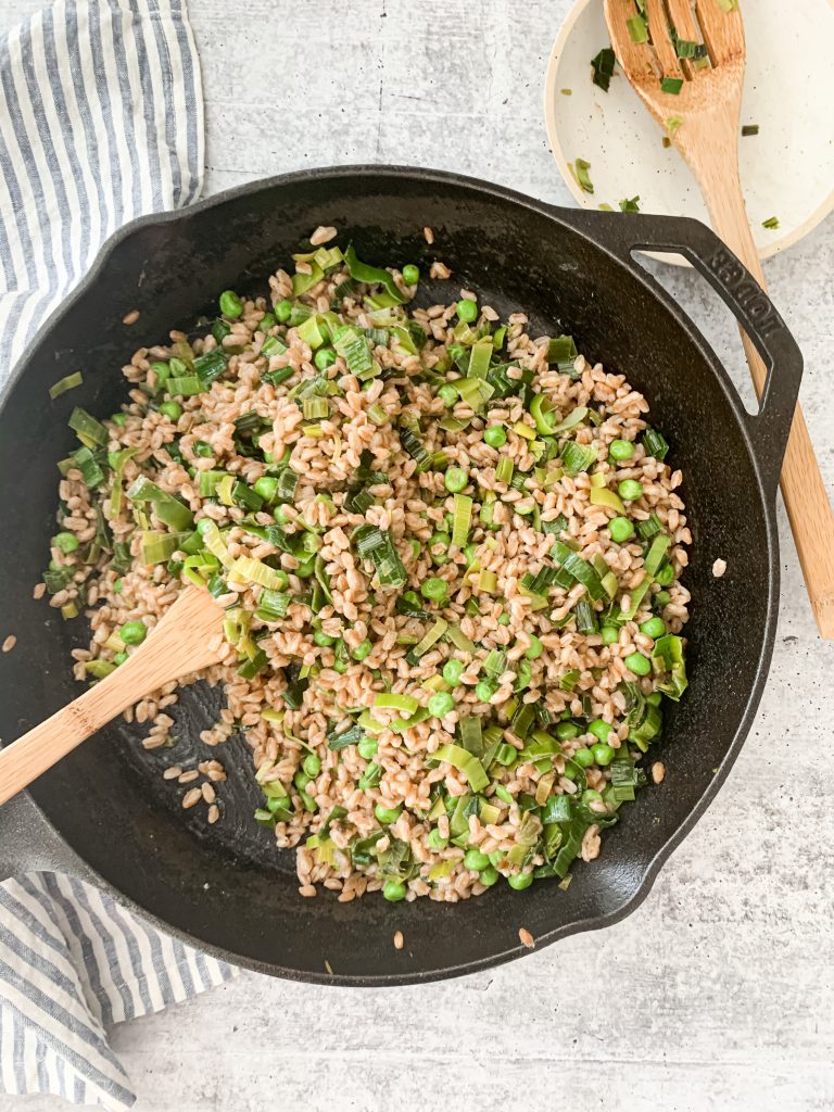 Pea & Leek Greens Farro Risotto (DairyFree, Vegan) A Nourishing Plate