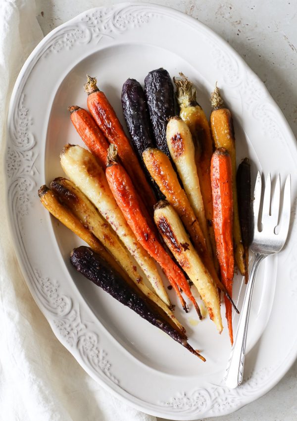 serving platter with maple and miso glazed roasted carrots