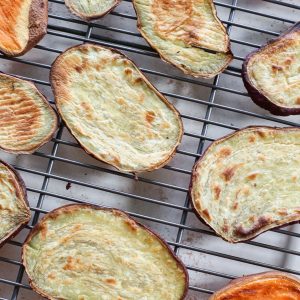 Sweet potato toast slices on a cooling rack.