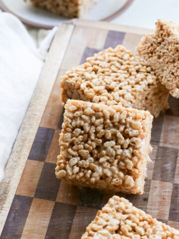 Homemade dairy free rice krispie treat squares with brown butter.